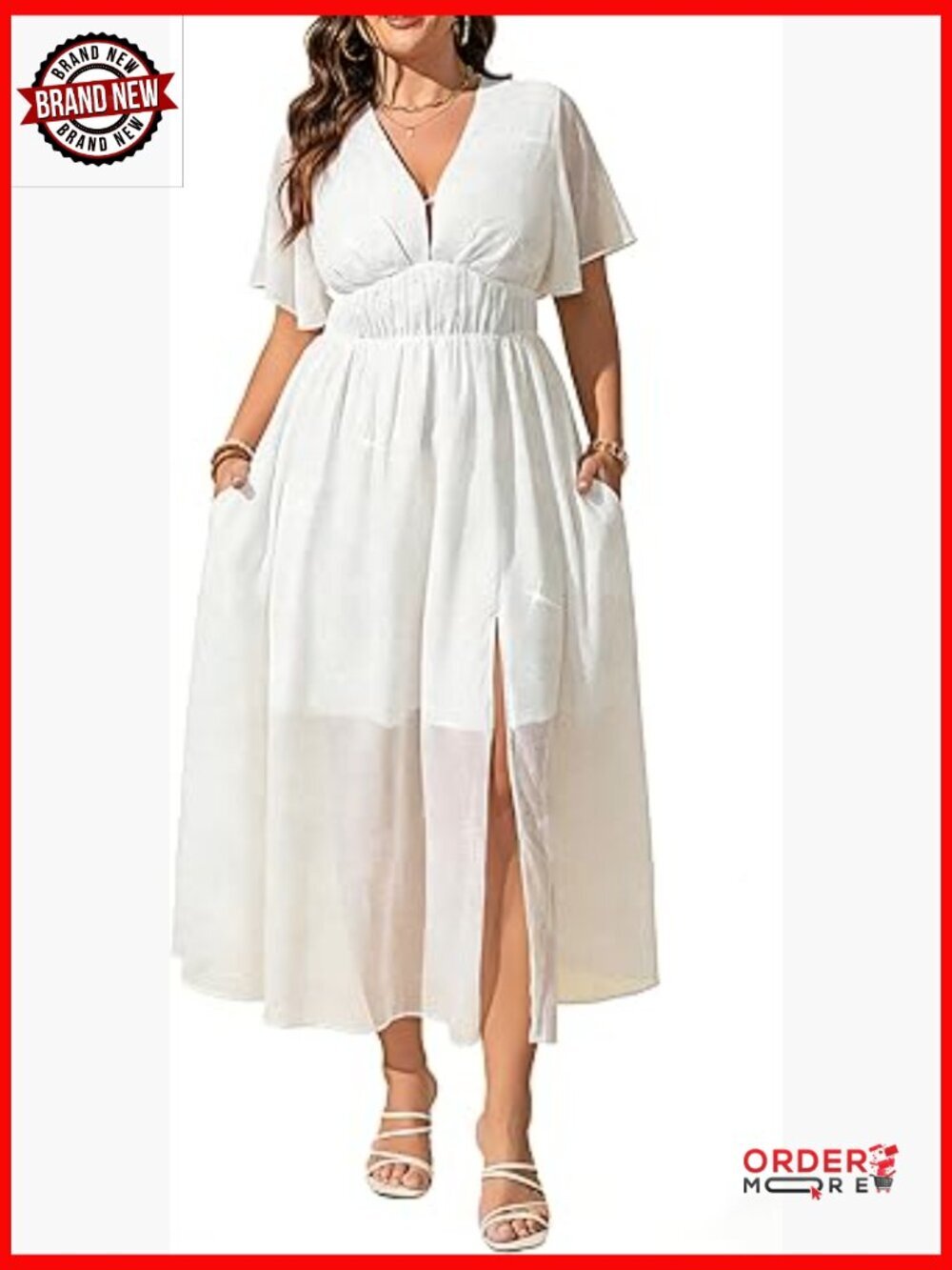 Deep V-Neck Star Print Dress with Pockets, Flutter Sleeve